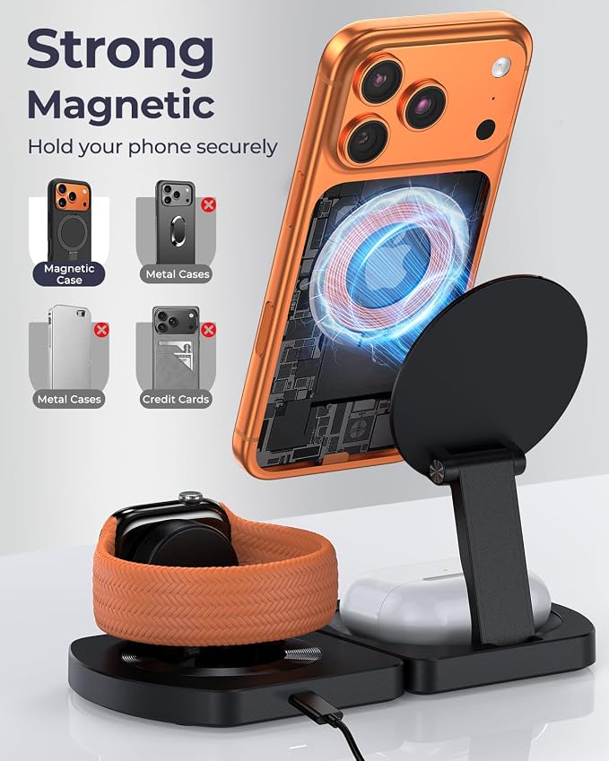 Wireless Charger for iPhone, 3-in-1 Magnetic Charging Station, Foldable | Compatible with iPhone 17 Air 16 15 14 13 12 Series, AirPods Pro, Apple Watch Ultra, Compact & Portable, No Adapter, Black - Image 4