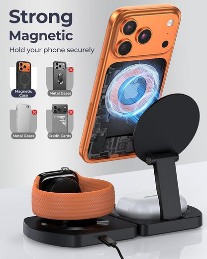 Wireless Charger for iPhone, 3-in-1 Magnetic Charging Station, Foldable | Compatible with iPhone 17 Air 16 15 14 13 12 Series, AirPods Pro, Apple Watch Ultra, Compact & Portable, No Adapter, Black - Image 4