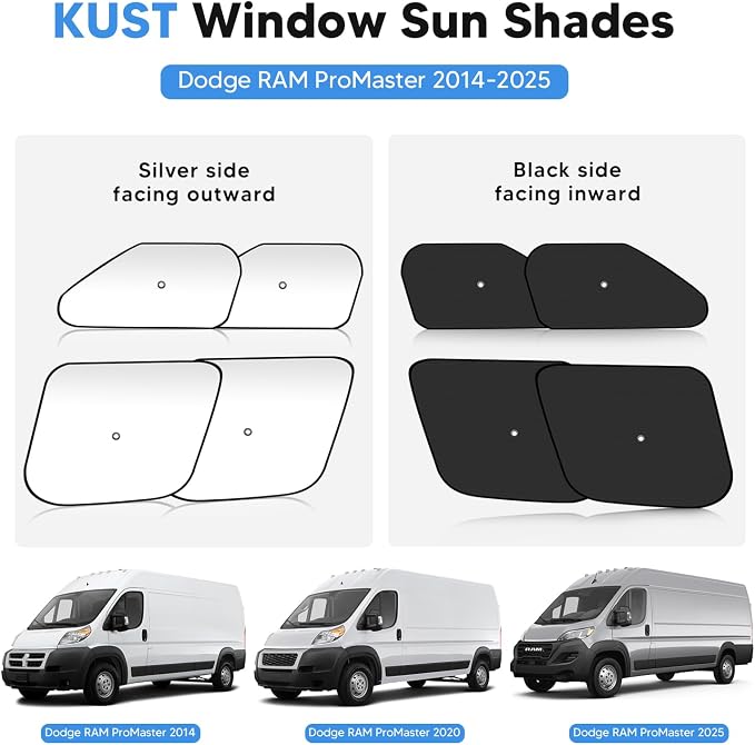 KUST 4-Pack Side Window Sun Shade for 2014-2025 Dodge RAM ProMaster 1500 2500 3500, Interior Accessories Cargo Van Sunshade Full Coverage Window Shades Silver & Black, Sun Shield Blocks UV Rays Heat - Image 2
