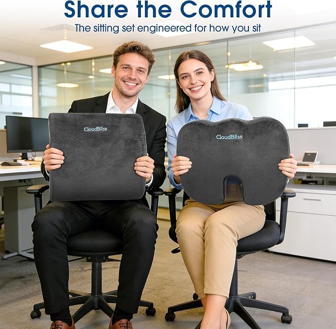 CloudBliss Ergonomic Seat Cushion & Lumbar Support Pillow Set, Grey, XL | Back Pain & Sciatica Relief, Memory Foam Support, Adjustable Straps, Machine Washable Velvet, Perfect for Office, Car, Gaming - Image 9