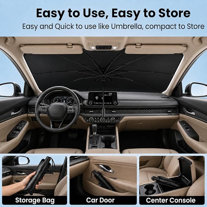 Car Windshield Sun Shade Umbrella, Universal Fit Mid-Large Sedan SUV | 57 x 31" Car Sun Visor, Foldable UV Heat Blocking Auto Sunshade with Rearview Mirror Cutout, Cute Eyes Series - Image 6
