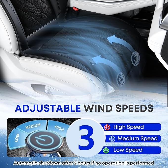 [2026 Upgrade] Cooling Car Seat Cover Ventilated Seat Cushion Summer Driving 12V-24V Ventilated Car Seat Cushion with 2 Powerful Turbo Fans with 3-Speed Adjustable Universal Fit Most Cars-Black - Image 6