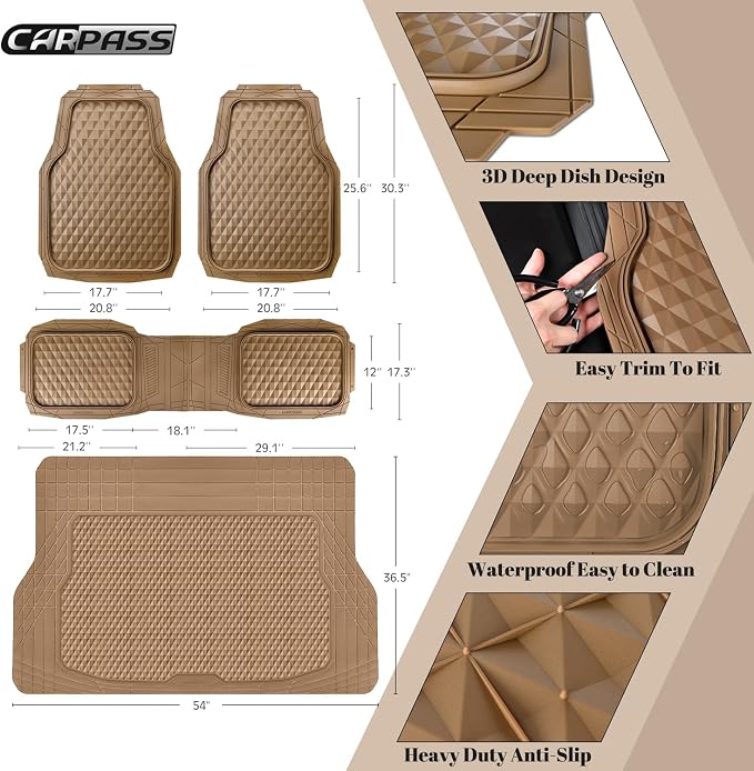 CAR PASS Heavy Duty Rubber Beige Car Floor Mats & Cargo Liners, Deep Dish All-Weather Trunk Mats Durable Anti-Slip 3D Rhombus Waterproof Trim to Fit Liner Universal Fit Auto,Sedan,SUV,Truck, Beige - Image 4