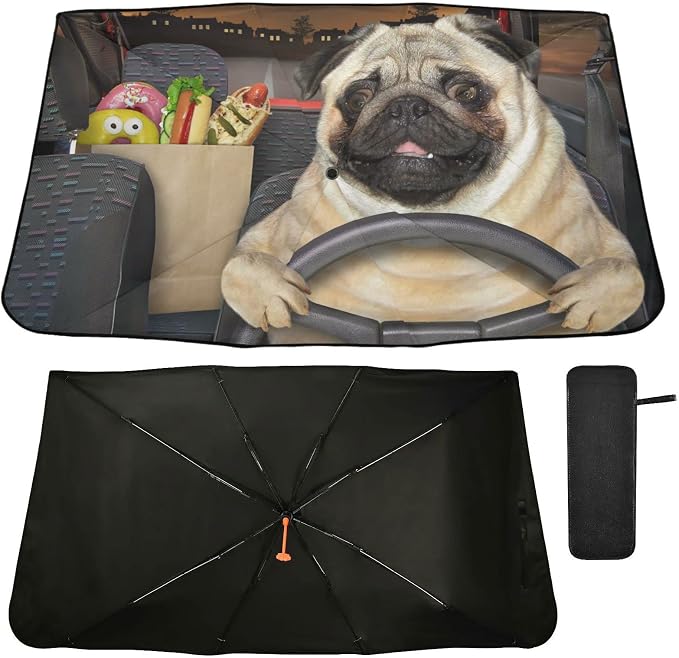 Fun Pug Dog Driving Windshield Sun Shade Umbrella Foldable Car Front Window Sunshade Blocks UV Rays Heat Keep Vehicle Cool (55" x 27.5") by Oarencol