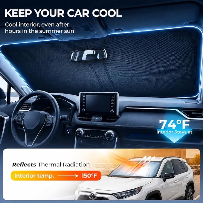 [2026 Upgraded] DooGooCoo Sun Shade for Car Windshield for Toyota RAV4 2019-2025 2026 [Cooling Ice-Crystal, 100% Sun Block] Windshield Sun Shade for Toyota RAV4 Sun Shade, Custom Fit for RAV 4. - Image 3