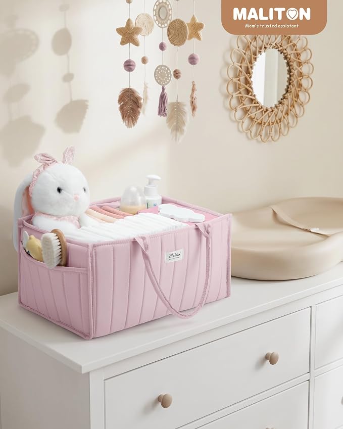 Maliton Baby Diaper Caddy Organizer for Changing Table, Pink | Portable Car Diaper Organizer Caddy with 2 Side Pockets - Versatile Storage Basket for Wipes and Baby Essentials - Image 8
