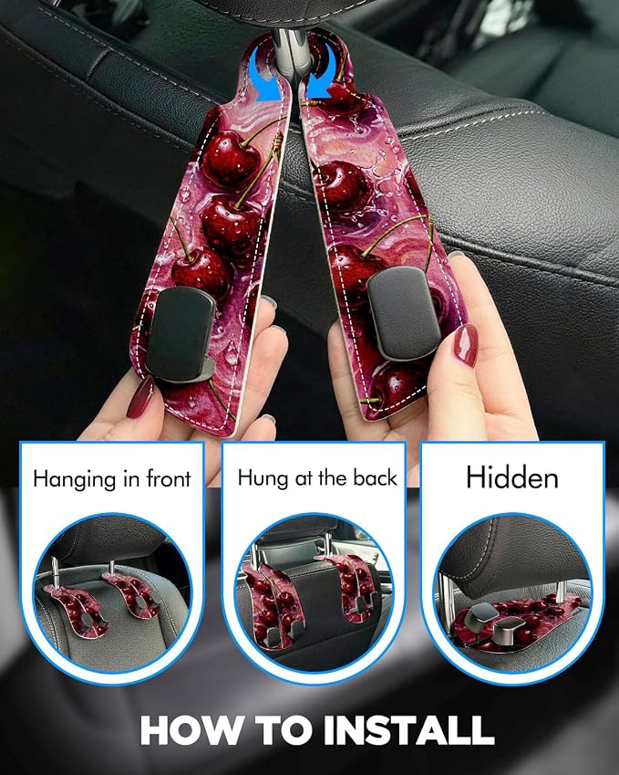 WOCOCN Purse Holder for Car, 2 Pack Heavy Duty Purse Hanger for Car, Cherry | PU Leather Car Seat Hooks for Purses and Bags, Cute Floral Headrest Organizer for Handbags & Backpacks - Image 3