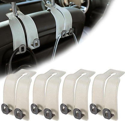 Car Headrest Hooks Universal Car Purse Hook Premium Leather and Alloy Twin Hook Car Seat Back Storage Hanger Hook for Purse Bags Cloth Drink Durable Holder Car Accessories (BH09-White-Black-4 Pcs) - Image 8