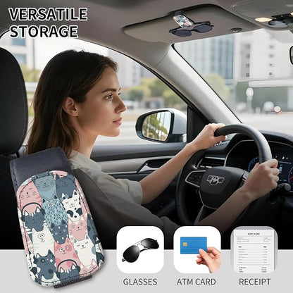 Sunglasses Holder for Car Visor, PU Leather Glasses Clip Organizer, Cute Magnetic Eyeglass Holder for Vehicle Sun Visor, Car Interior Accessory for Women & Men Cute Cat Faces - Image 2