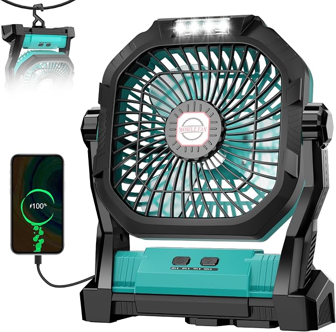 Camping Fan Rechargeable, 20000mAh Battery Powered Portable Fan with LED Light, 4-Speed 180° Adjustable, Camping Essentials for Tent, Travel, Car, Outdoor, Indoor, BBQ, Fishing, Jobsite - Blue - Image 2