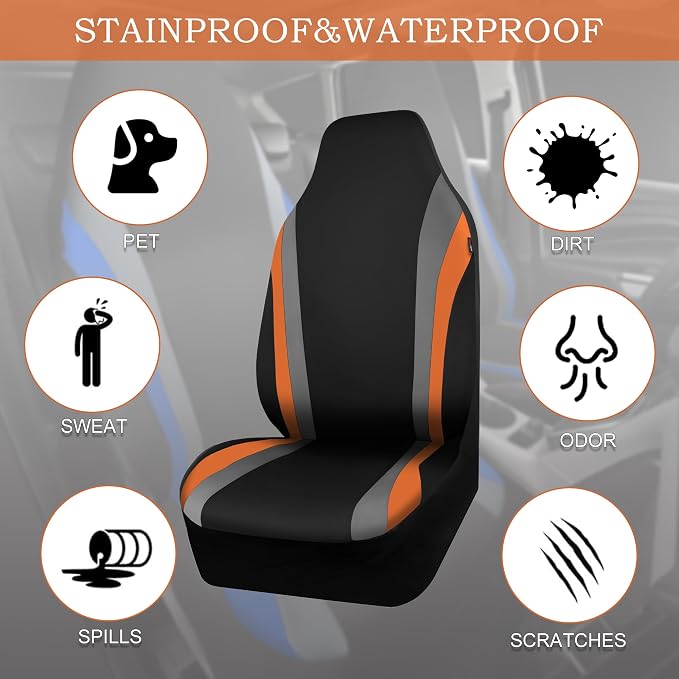 CAR PASS AquaShield Neoprene Waterproof Car Seat Covers Front Seats Only, High Back Bucket Seat Cover,Airbag Compatible,Seat Covers for Women Girl, Universal Fit for Auto Truck Van SUV (Black Orange) - Image 4