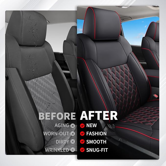 Huidasource Front Truck Seat Covers Fit for 2nd Gen Toyota Tacoma 2005-2015 Double&Crew Cab, Leather Car Seat Cushion Cover for Tacoma Base, PreRunner, SR5, Limited, TRD Sport(Front Pair/Black&Red) - Image 5