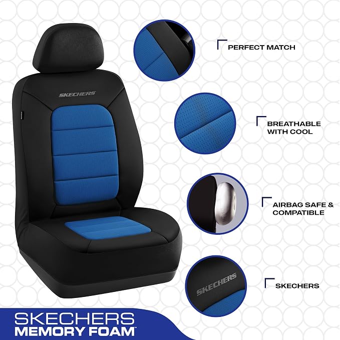 Skechers Memory FoamCar Seat Covers,Thick Cool Touch Fabric Seat Covers,Seat Cover Full Sets Airbag Compatible,Automotive Comfort Protection for Most Cars,Vans,Trucks,SUV,Blue - Image 4