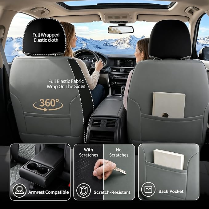Fit Canyon Car Seat Covers for GMC Canyon 2015-2025 2026 - Luxury Leather, Anti-Slip, All-Weather Seat Cushions, Waterproof & Breathable, Airbag Compatible, Full 5-Seat Set (Gray) - Image 7