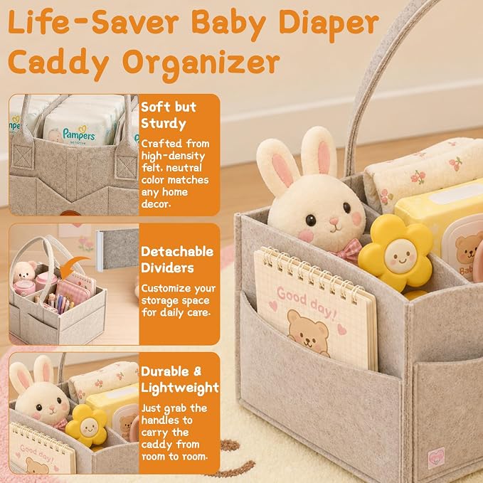 Diaper Bag Organizer Compatible with Cloud Island, Felt Diaper Caddy with Handle, Portable Storage Basket for Changing Table & Car, Khaki - Image 3