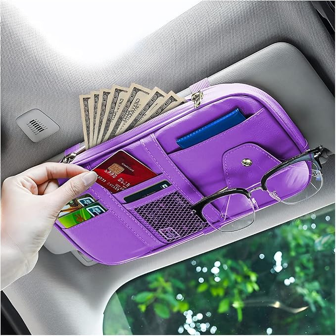 Car Sun Visor Organizer, Sunglass Holder and Storage Pocket, Card Cash Pouch with Multi-Pocket Net Zipper, Case Bag for License Pen Key, Auto Interior Accessories for Truck, SUV, Van (Purple) by BELOMI