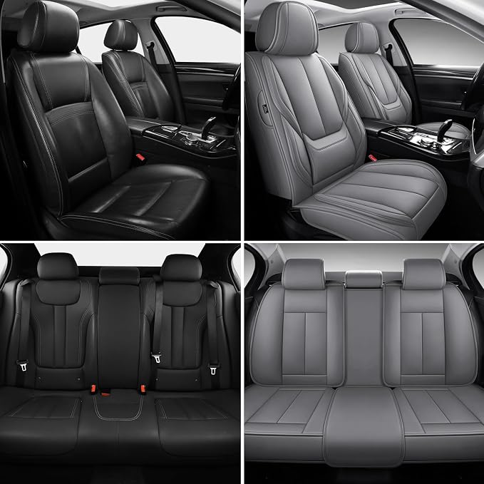 MINGBRON Car Seat Covers Full Set, Brown Car Seat Cover Lumbar Support, Car Seat Protector Waterproof, Nappa Leather Car Seat Cushion, Front Seats and Back Fit for Most Cars Beige - Image 2