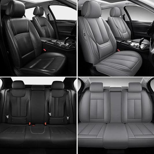 MINGBRON Car Seat Covers Full Set, Brown Car Seat Cover Lumbar Support, Car Seat Protector Waterproof, Nappa Leather Car Seat Cushion, Front Seats and Back Fit for Most Cars Beige - Image 2