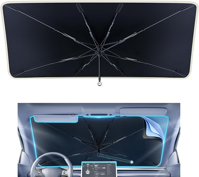 helloleiboo [2025 Upgraded] Car Windshield Sun Shade Umbrella 61"x 34" Windshield Sun Shade Foldable 5-Layer Thickened Vinyl Coating Reflective Polyester Blocks Heat & UV Rays for Large Car Truck SUV by helloleiboo