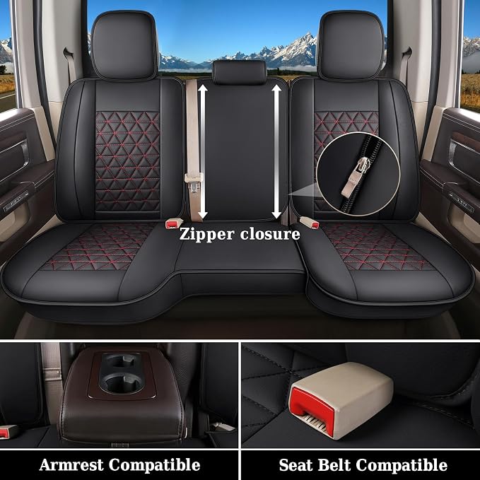 Coverado Dodge Ram Seat Covers Full Set, Waterproof Truck Car Seat Cover Protectors Custom Fit for 2002-2026 Dodge RAM 1500 2500 3500 with Curved Bench(Black&Red line) - Image 4