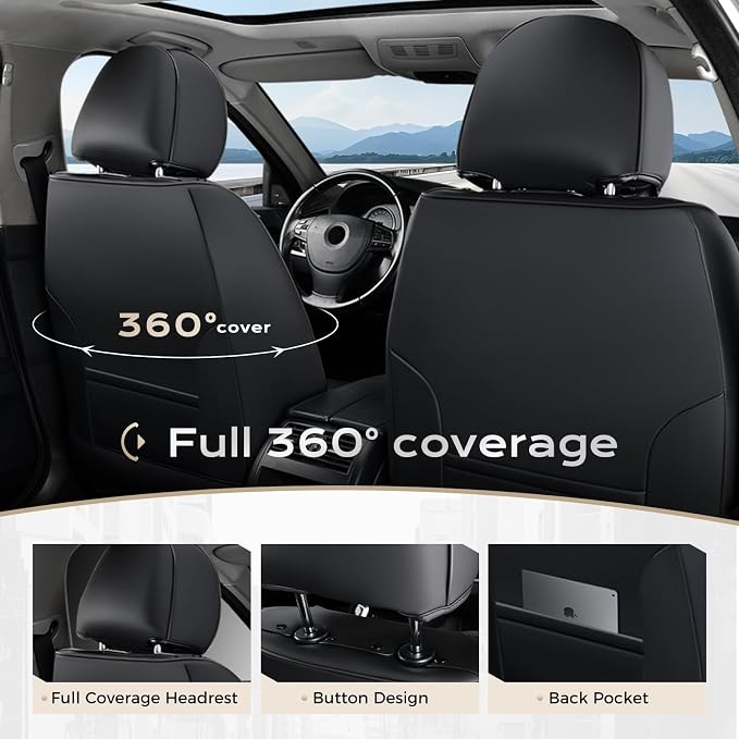 Coverado Car Seat Covers, Leather Seat Covers Full Set, Waterproof Car Seat Protector with Lumbar Support, Automotive Seat Covers Seat Cushions Universal Fit for Most Cars SUV Trucks, (Black&Beige) - Image 3