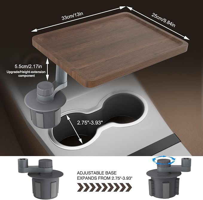 Car Tray & Car Desk for Laptop, 360° Rotating Wood Cup Holder Food Table | Anti-slip silicone mat included, Fits 2.75"-3.93" round cup holders, Compatible with Tesla Model Y/3/S & Most Vehicle - Image 5