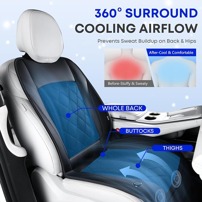 [2026 Upgrade] Cooling Car Seat Cover Ventilated Seat Cushion Summer Driving 12V-24V Ventilated Car Seat Cushion with 2 Powerful Turbo Fans with 3-Speed Adjustable Universal Fit Most Cars-Black - Image 3