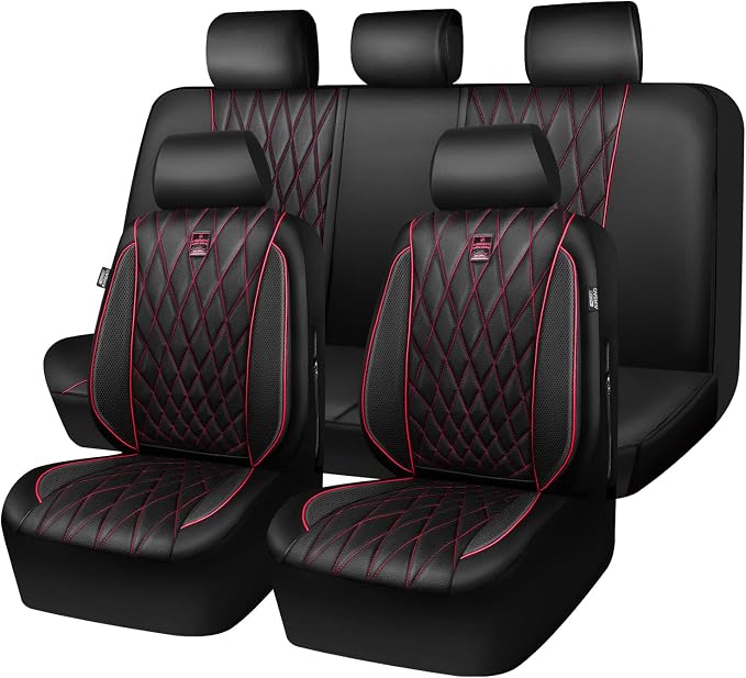 CAR PASS Piping Luxury Leather Seat Covers Full Set,5 Seats Anti-Slip Waterproof Seat Covers Compatible with Front Armrests,Universal Fit for Sendan SUV Van Truck,Airbag Compatible,Black and Red - Image 8