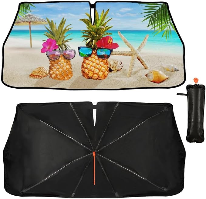 Beach Pineapple Car Windshield Sun Shade Umbrella Automotive Windshield Sunshade Foldable Front Car Accessories Interior Decor to Keep Vehicle Cool for Most Vehicles 57'' X 30'' - Image 4