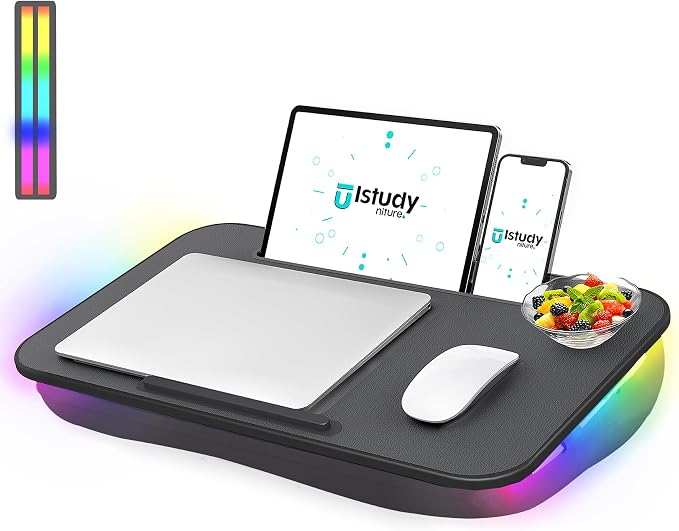 Lap Desk, Portable Laptop Desk with Cushion and Multi-Color Glow, Extra Wide Surface Fits 17” Laptop, Tray for Bed, Sofa, Travel or Car – ISTUDYNITURE (Black, Ambient Colors) by Istudyniture