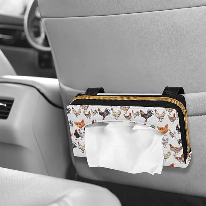 Biyejit 2 Pack Car Tissue Holder, Rooster Pattern Car Decorative Hanging Napkin Case, PU Leather Tissue Box for Car Sun Visor, Backseat - Image 4