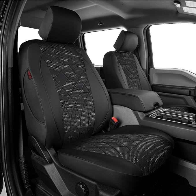 EKR F150 Seat Covers for (4 Door,SuperCrew) 2015-2020 Ford F150 & (CrewCab) 2017-2022 F250/F350/F450 SuperDuty Limited/King Ranch/Lariat/Platinum Full Set,Faux Leather(Black/Gray Camo A63) by EKR