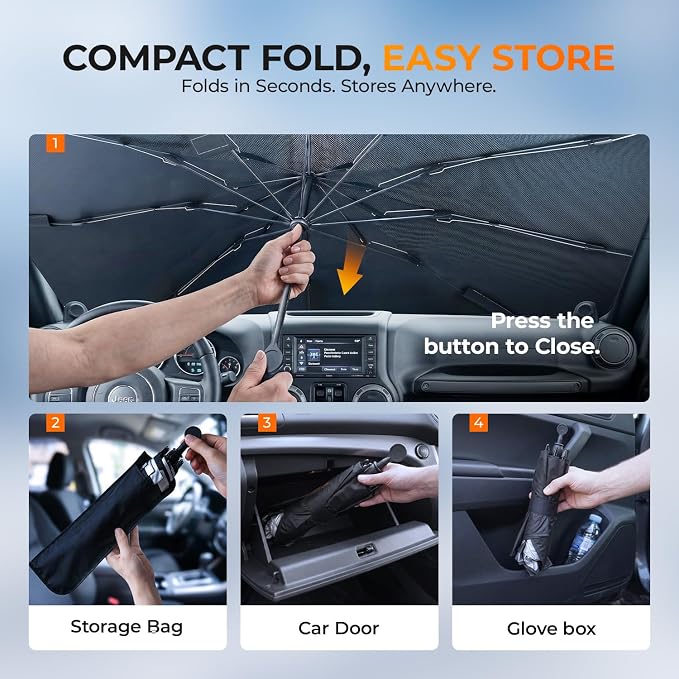 [2026 Upgraded] DooGooCoo Windshield Sun Shade Umbrella for Jeep Wrangler & Gladiator 2011-2026 [100% Sunlight Blocked, Cooling Ice Crystal] Sunshade for Car Windshield for Wrangler Sunshade. - Image 9