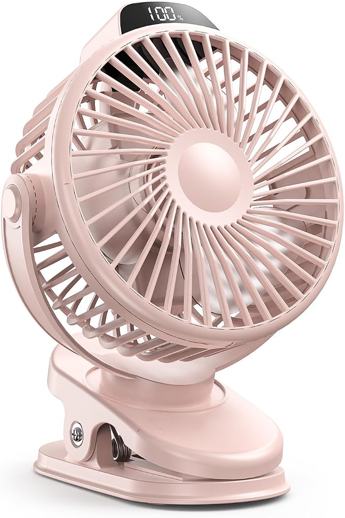 Koonie Portable Clip-On Fan, Small Rechargeable Battery Operated, 3 Speeds | Pink Mini Clamp Fan With LED Display, 360° Rotate Personal Cooling Desk Fan for Stroller Bed Travel Camping Golf Gym by Koonie