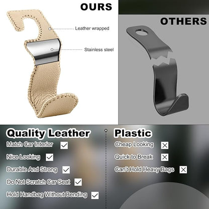 EldHus Car Seat Hooks for Purses and Bags, 4 Pack Car Purse Holder for Grocery Bag Handbag Clothes, Metal Headrest Hooks Covered by Leather, Beige - Image 7