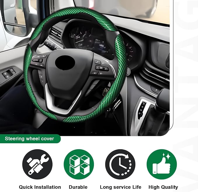 3pcs Universal Carbon Fiber Steering Wheel Cover - Anti-Slip & Segmented Design, Universal 99% Durable Steering Wheel Protector for Men and Women, Car Interior Accessory (Green) - Image 5