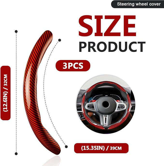 3pcs Universal Carbon Fiber Steering Wheel Cover - Anti-Slip & Segmented Design, Universal 99% Durable Steering Wheel Protector for Men and Women, Car Interior Accessory (Red) - Image 2