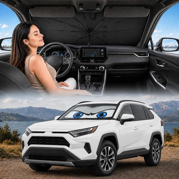 Car Windshield Sun Shade Umbrella, Universal Fit Mid-Large Sedan SUV | 57 x 31" Car Sun Visor, Foldable UV Heat Blocking Auto Sunshade with Rearview Mirror Cutout, Cute Eyes Series by eygeufg
