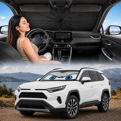 Car Windshield Sun Shade Umbrella, Universal Fit Mid-Large Sedan SUV | 57 x 31" Car Sun Visor, Foldable UV Heat Blocking Auto Sunshade with Rearview Mirror Cutout, Cute Eyes Series by eygeufg