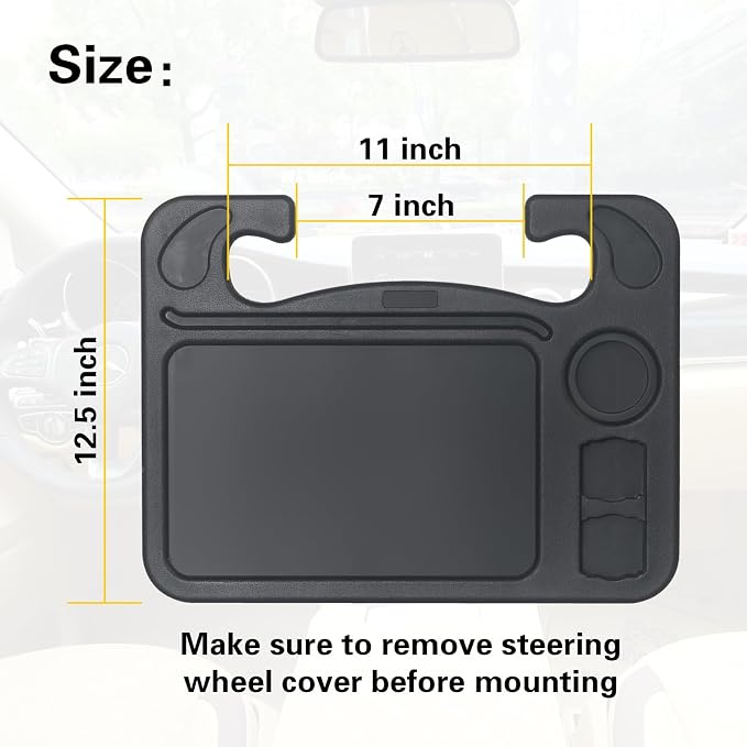 4 in 1 Car Steering Wheel Tray with Dual Sauce Dip Holder and Tablet Holder,Car Table Food Trays for Eating,Driver Desk Fit Most Auto Vehicle Steering Wheels (Black, Large) - Image 2