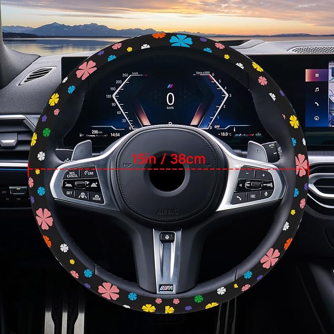 Steering Wheel Cover Neoprene Material Most Cars Men&Women Universal 15 inch Premium Non-Slip Spring Steering Wheel Protector Floral Car Accessories (Lucky Clever) - Image 3