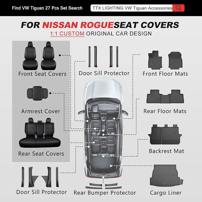 TTX LIGHTING Custom Fit for Nissan Rogue Seat Covers 2014-2020 5-Seats | Original Seat Pattern | Full Coverage | Easy Install | Waterproof | Faux Leather | Shield Your Car Seats | All Season - Image 9