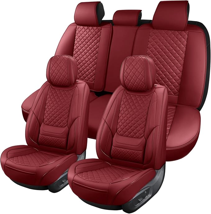 Leather Car Seat Covers Full Set Automotive Seat Protectors | Breathable Waterproof Durable Full Surround & Lumbar Support Design Non-Slip Universal Fit for Most Cars SUVs Trucks Vans Red by Unknown