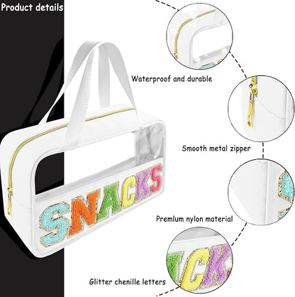 Bunliuys Chenille Letter Clear Makeup Bag Travel Patch, Travel Toiletry Makeup Bag with Handle, Nylon Waterproof Makeup Bags clear cosmetic bag, preppy patch makeup bag for Women (SNACKS-White) - Image 3