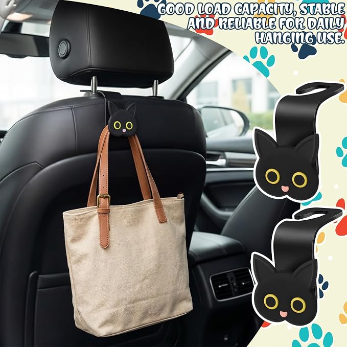 Novabright 4 Pcs Black Cat Car Seat Headrest Hooks Cute Cartoon Cat Car Seat Back Organizer Vehicle Headrest Hangers Automobile Storage Accessories for Handbags Purses Grocery Bags Coats Umbrella - Image 3