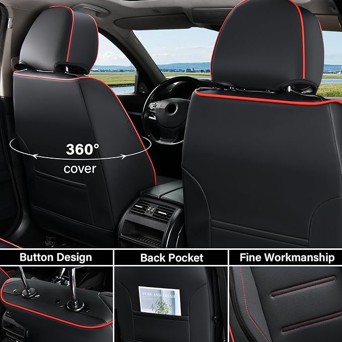 Coverado Car Seat Covers Full Set, Seat Covers for Cars, Car Seat Protector Waterproof, Leather Cushion, Universal Car Interior Covers Seat Protectors for Most Cars Black-Redline - Image 3