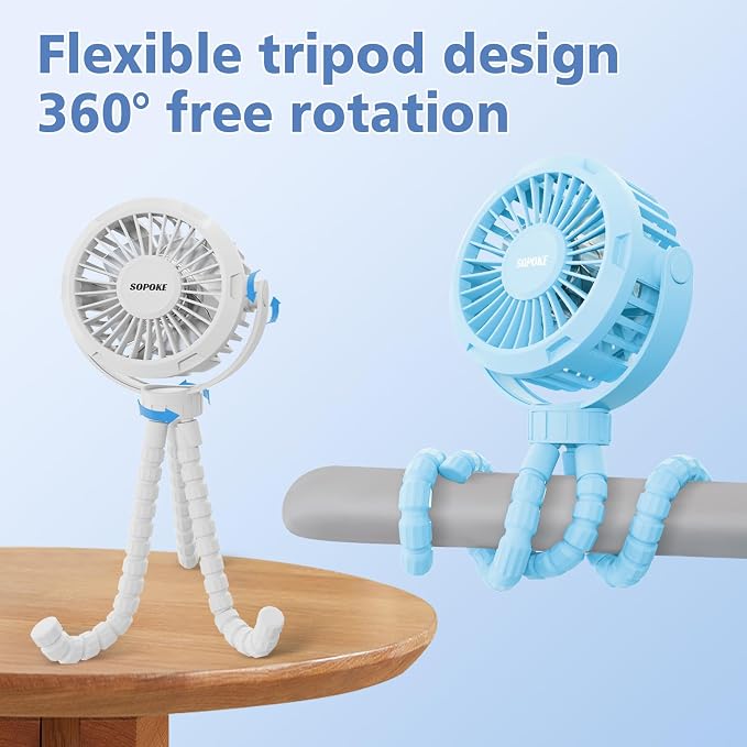 SOPOKE 3 Speed Mini Rechargeable Baby Stroller Fan, Black | 360° Flexible Tripod, Handheld Design, for Car Seat Crib Treadmill Golf Cart Travel - Image 2