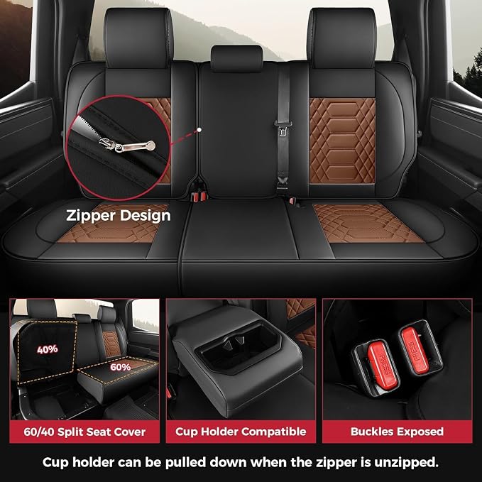 FREESOO Custom Leather for Toyota Tundra Seat Covers 2014-2021 Crewmax Cab | Custom Fit, Full Set, 60/40 Split Bench, Waterproof Faux Leather, for Truck Toyota Tundra Accessories, BlackBrown - Image 5