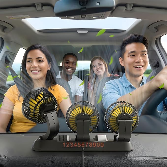 Portable 3-Head Car Cooling Fan, 12V Cigarette Lighter Plug Dashboard Fan for Vehicles Cars Trucks SUV, 360° Adjustable Heads Strong Airflow (No Battery) - Image 2