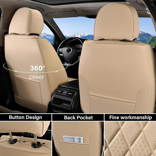 Coverado Front Seat Covers, 2-Pack Luxury Faux Leather Car Seat Cover, Beige Seat Covers, Car Seat Protector Waterproof, Car Seat Cushion Driver Seat Cover Universal Fit for Most Cars, Beige - Image 2